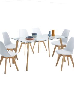 Juego De Comedor 6 Sillas Mesa Tapa De Vidrio Patas Madera