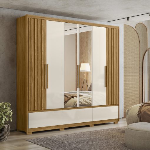 Ropero 6 Puertas Batientes 5 Cajones 2 Espejos Freijo Off White - Imagen 3