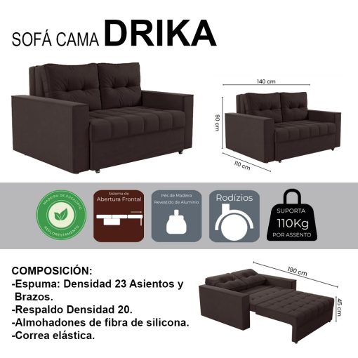 Sofa Cama 2 Plazas Abertura Frontal Ruedas Patas De Madera - Imagen 2