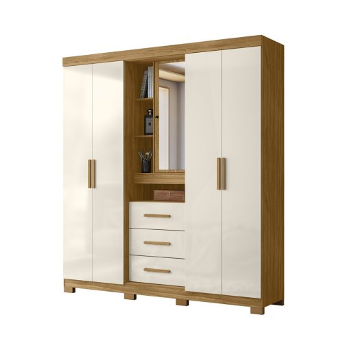 Ropero 5 Puertas 3 Cajones Con Comoda Espejo Y Estantes Freijo Off White