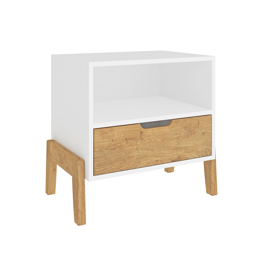 Mesa De Luz 1 Cajon Frente De Madera Y Patas Linea Retro