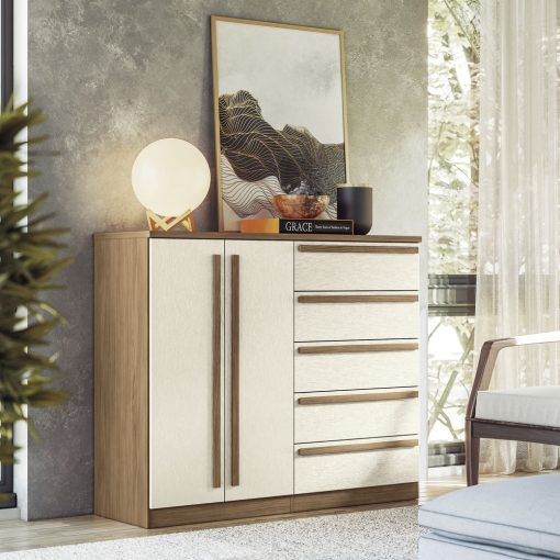 Comoda Cajonera 2 Puertas 5 Cajones 100% Mdp Dormitorio Jatoba Arena - Imagen 2