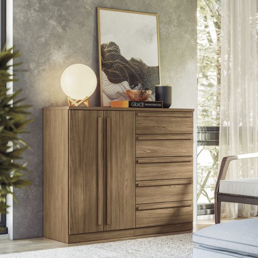 Comoda Cajonera 2 Puertas 5 Cajones 100% Mdp Dormitorio Jatoba - Imagen 3
