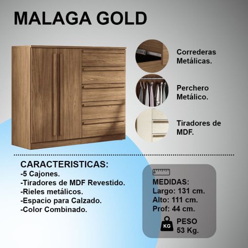 Comoda Cajonera 2 Puertas 5 Cajones 100% Mdp Dormitorio Jatoba - Imagen 4