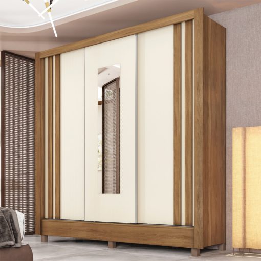 Ropero 3 Puertas 2 Cajones Con Espejo Y Rieles Metalicos Mdp Almendra Off White - Imagen 5